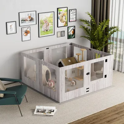 Immagine prodotto di FATIVO Box per cuccioli Modern, 120 × 118,6 × 60 cm - Recinto modulare in vetro temperato e MDF, recinto a 8 pezzi con porta per cuccioli e animali di piccola taglia