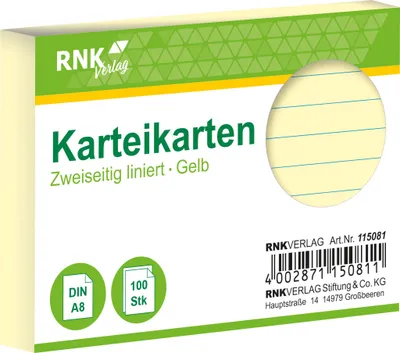 Obrázek produktu pro RNK Verlag 115081 Karteikarten - DIN A8, liniert, gelb, 100 Karten