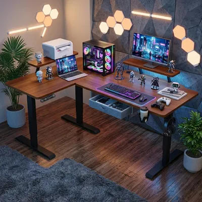 Produktbild von Hilodesk L-Schreibtisch Elektrisch Höhenverstellbar Eckschreibtisch L Förmiger Bürotische Stehpult mit Monitorständer und Schublade 160cm Retro-Holz