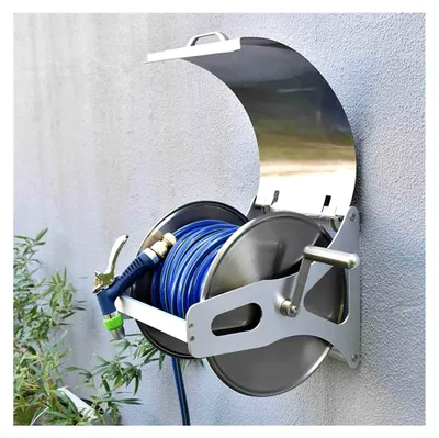 Produktbild von Teleskop-Schlauchwagen aus Edelstahl, Metall-Wandhalterung für Gartenschläuche (Rack + 15 m Schlauch)
