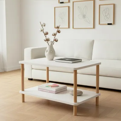 Produktbild von Beistelltisch Rechteck mit 2 Ablagen 70x44 cm Sofatisch Couchtisch Nachttisch Wohnzimmer Schlafzimmer Holzbeine Skandinavisc (Rechteckig-Weiß)