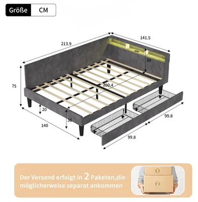 Zdjęcie produktu dla Rozkładana sofa – sofa do codziennego użytku – 140 x 200 cm – aksamit – 2 szuflady z miejscem do przechowywania – oświetlenie LED – stacja ładująca USB – drewniana rama – szara