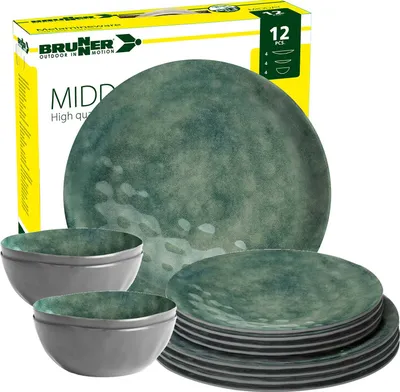 Produktbild von BRUNNER Camping Geschirr Set 4 Personen | Anti-Slip | Midday VENETIAN SEA GREEN, 12-tlg.