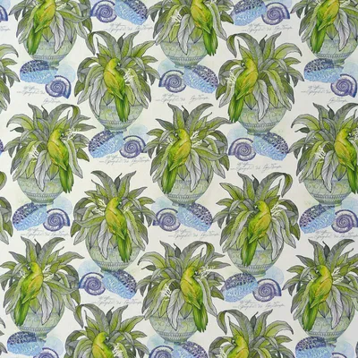 Produktbild von Dekostoff Meterware Pflanze Vogel Muschel weiß blau grün