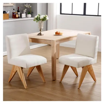 Produktbild von Esszimmerstühle 2er Set Küchenstühle aus Chenille mit Holzbeinen, Beige