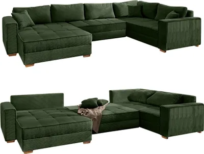 Produktbild von Wohnlandschaft U-Form Sofa Schlaffunktion Couch Bettkasten Cord in Grün / 15199