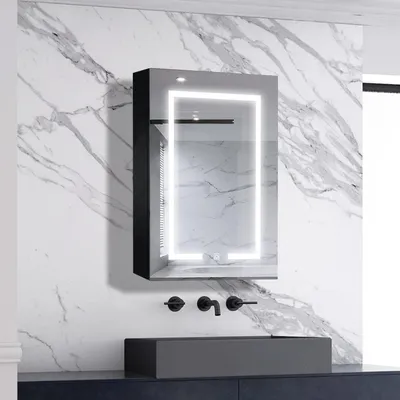 Produktbild von AICA LED Spiegelschrank 60x70cm Hochglanz Schwarz Touch/Wandschalter Beschlagfrei 3 Lichfarbe Dimmbar Spiegelschrank mit Steckdose