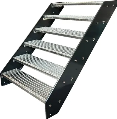 A set of metal stairs with a black frame and galvanized metal steps, isolated on a white background.
