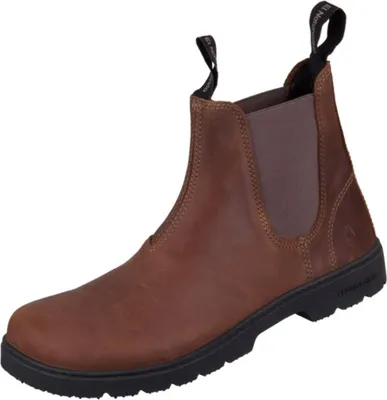 A single brown leather Chelsea boot is shown against a white background.