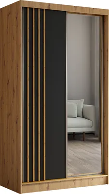 A modern sliding door wardrobe with a wood-grain finish, a black panel with vertical slats, and a mirrored door. The reflection shows a sofa in a living room setting.