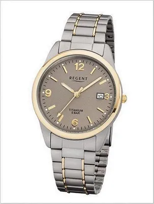 Image de Regent Herren-Armbanduhr Elegant Analog Titan-Armband silber grau gold Quarz-Uhr Ziffernblatt braun URF1107