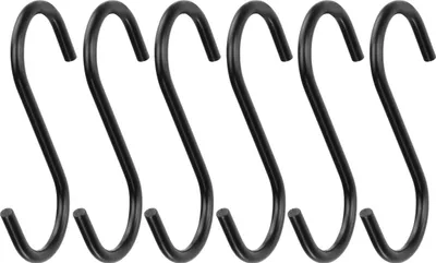 Five black S-hooks arranged in a row against a white background.