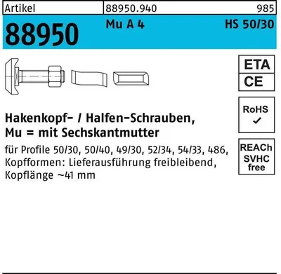 Produktbild von Hammerkopfschraube R 88950 Typ 50/30 6-kantmutter M 20 x 75 Mu A 4