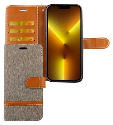 Produktbild von Apple iPhone 13 Pro Max Tasche Handy Hülle Schutz-Cover Flip-Case mit Kartenfach, Farbe:Jeans Grau