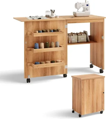 Productafbeelding van FANTASK Houten naaimesthoek met klaptafel, naturel kleur, met 3 legplanken