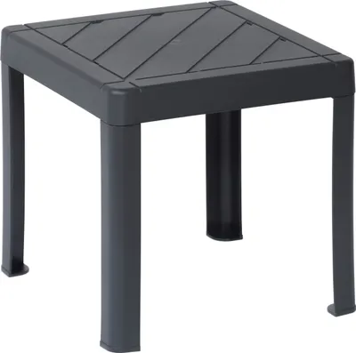 A dark gray plastic garden table with four legs is shown against a white background.