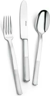 A set of cutlery (fork, knife, and spoon) is displayed against a white background.