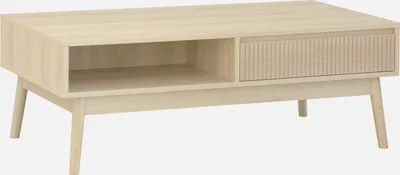 Produktbild von sweeek - Skandinavischer Couchtisch mit geriffeltem Holzdekor, 2 Nischen, 1 Schublade - Natur