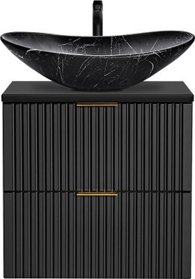 Badezimmer Waschtisch, 61cm, matt schwarz gerillt mit Keramik-Waschbecken schwarz marmoriert ADELAIDE-56-BLACK, B/H/T ca. 61,5/74,7/46,5 cm