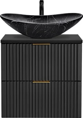 Produktbild von Badezimmer Waschtisch, 61cm, matt schwarz gerillt mit Keramik-Waschbecken schwarz marmoriert ADELAIDE-56-BLACK, B/H/T ca. 61,5/74,7/46,5 cm