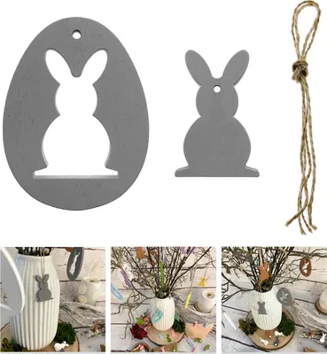 Produktbild von Oblique Unique Holz Osterei und Osterhase Anhänger Hängedeko für Osterstrauß Deko aus Echtholz für Ostern Basteln - grau