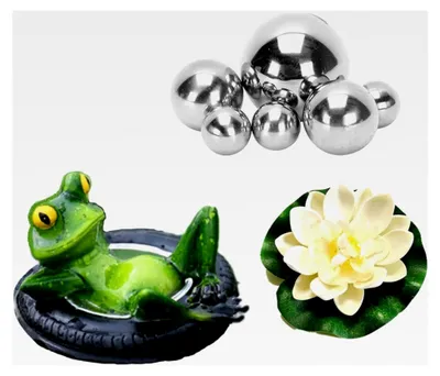 Produktbild von Deko-Set für Miniteiche mit Schwimmfrosch, 6 Silberkugeln und 2 Lotusblüten