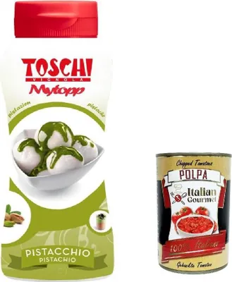 Produktbild von 3x Toschi Topping Squeeze Pistacchio, Topping Sauce für Kaffee, Cocktails, Eisbecher, Porridge, Pfannkuchen und Gebäck 200gr + Italian Gourmet polpa 400g