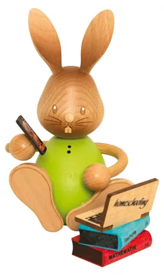 Produktbild von Drechslerei Kuhnert - Dekofigur aus Holz - Hase Stupsi im Homeschooling mit Laptop - ca. 12cm