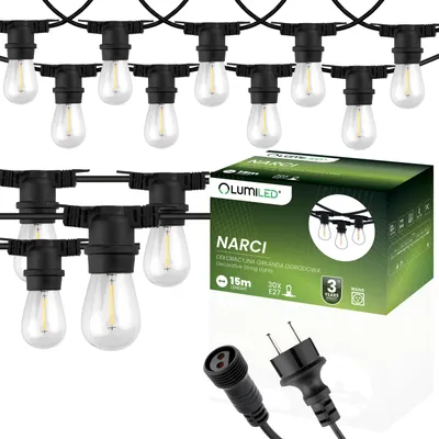 Produktbild von LUMILED Lichterkette Außen 15 Meter mit 30 E27 Fassung 230V Birnen für Garten Biergarten Party Hochzeit Dekoration Terrasse verlängerbar mit Strom