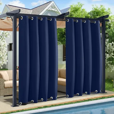 Produktbild von 2 Stück Outdoor Vorhänge Wetterfest Oben und Unten mit Ösen Wasserdicht Gardinen für Garten Terrasse Pavillon Veranda Balkon, Blau, B132XH243cm
