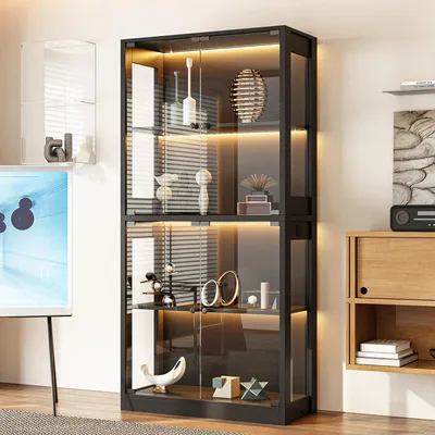 Produktbild von Glasvitrine 80x35x165cm Schwarz mit LED Beleuchtung, 4 Türen aus gehärtetem Glas, höhenverstellbare Böden, für Sammlungen & Wohnzimmer