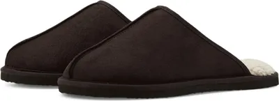 A pair of brown slippers with cream lining is shown against a white background.
