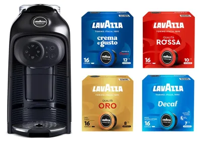 Produktbild von Lavazza, A Modo Mio Idola Nera Kaffeemaschine mit 64 sortierten Kapseln, kompakt