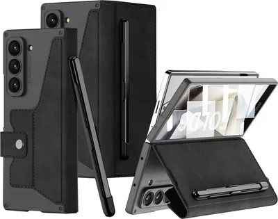 Obrázek produktu pro Kožené pouzdro pro Samsung Galaxy Z Fold 6 stojánkem kryt s vestavěnou ochranou displeje a drážkou na stylus černé
