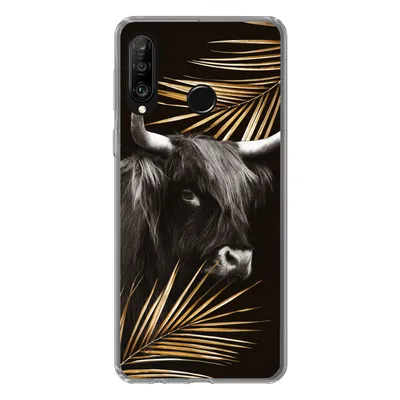 Produktbild von MuchoWow® Handyhülle Schutzhülle Hülle für Huawei P30 Lite Schottischer Highlander - Blätter - Gold Silikon Softcase Handy Hülle - Handyhülle