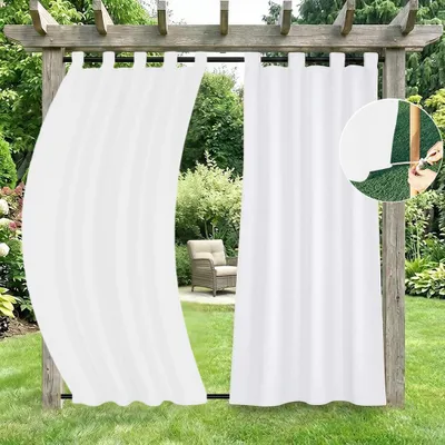 Immagine prodotto di Set da 2 tende da esterno impermeabili, tessuto Oxford 230 g/m², antivento, con passanti, oscuranti, protezione solare, per giardino, terrazza, gazebo e balcone, bianco, 132x213 cm