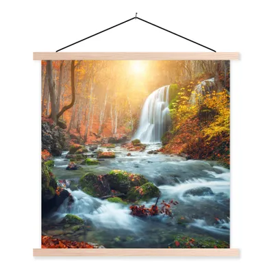 Produktbild von MuchoWow® Textilposter Wasserfall - Sonne - Herbst 120x120 cm mit holzfarbenen Rahmen - Textil-Poster