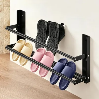 Immagine prodotto di Scaffale a parete per scarpe, 2 ripiani, estensibile da 37 a 67 cm, in metallo nero, salvaspazio, per 6 paia di scarpe