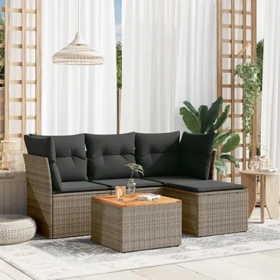 Produktbild von Design 5-tlg. Garten-Sofagarnitur mit Kissen Grau Poly Rattan, Gartenmöbel-Sets 2024 Neu