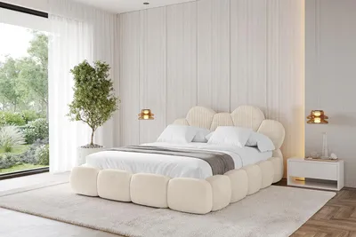 A bedroom scene with a bed, nightstand, and window.