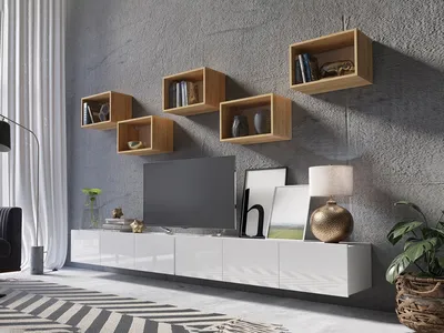 Produktbild von Wohnwand CALABRINI-32 Wohnzimmer-Set Hängewohnwand Schrankwand Schrank TV-Schrank Moderne Anbauwand Hochglanz (Weiß / Goldene Eiche)