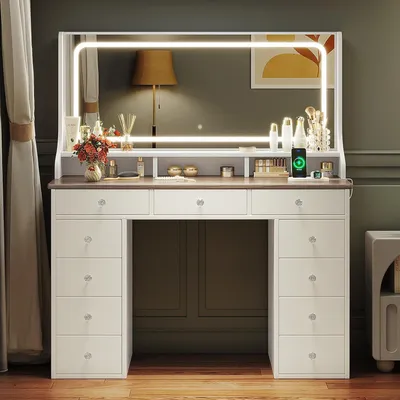 Produktbild von Dripex Schminktisch mit Beleuchtung und 11 Schubladen, 110 cm LED-Spiegel und Steckdose, einstellbare Helligkeit, Braun