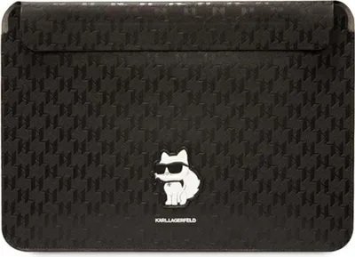 A black laptop sleeve with a monogram pattern and a cartoon cat graphic.