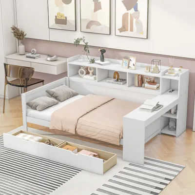 Image de MODFU Lit Banquette 90x200 cm - Lit Ado avec Bureau et Rangement - 2 Tiroirs, Ports USB et Prise - Sans Matelas - Blanc