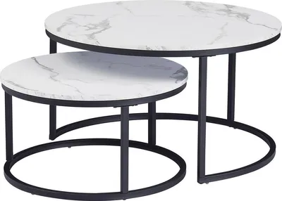Immagine prodotto di Set di tavolini Bolt Edge - Look in marmo - Struttura nera - Set di 2 - Rotondo - Design lussuoso