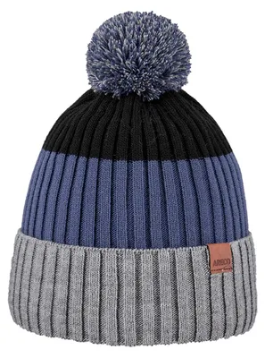 Areco dreifarbige Kinder Strickmütze mit Bommel in schwarz