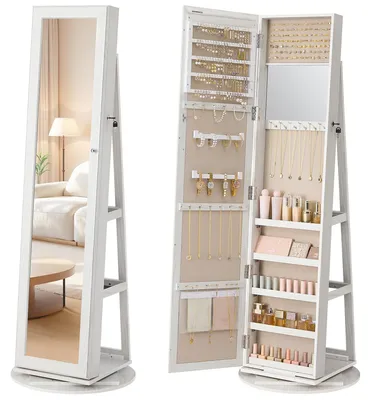 Produktbild von SONGMICS Schmuckaufbewahrung mit Spiegel, drehbar, abschließbar, Schmuckschrank für Schlafzimmer, Geschenkidee, weiß