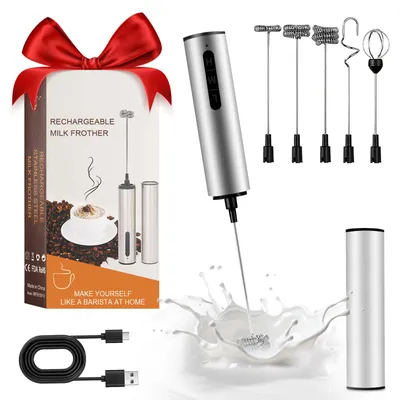 Milchaufschäumer, USB-wiederaufladbar, Edelstahl, 5 Rührbesen