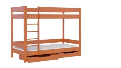 Produktbild von Etagenbett 200x90 Kinderbett mit Rausfallschutz & Lattenrost teak 90 x 200 für Mädchen und Jungen Massivholz Kiefer und MDF Möbelplatte, ohne Matratze, mit Schubladen