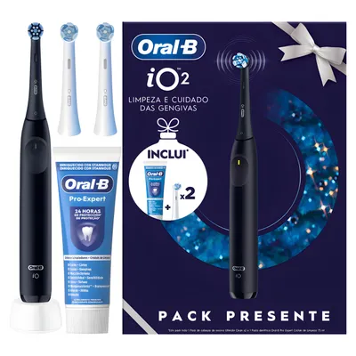 Produktbild von Oral-B iO Series 2 – Magnetische Elektrische Zahnbürste – Night Black – Special Edition – 3 Reinigungsmodi – Andruckkontrolle – inkl. Zahnpasta & 3 Au